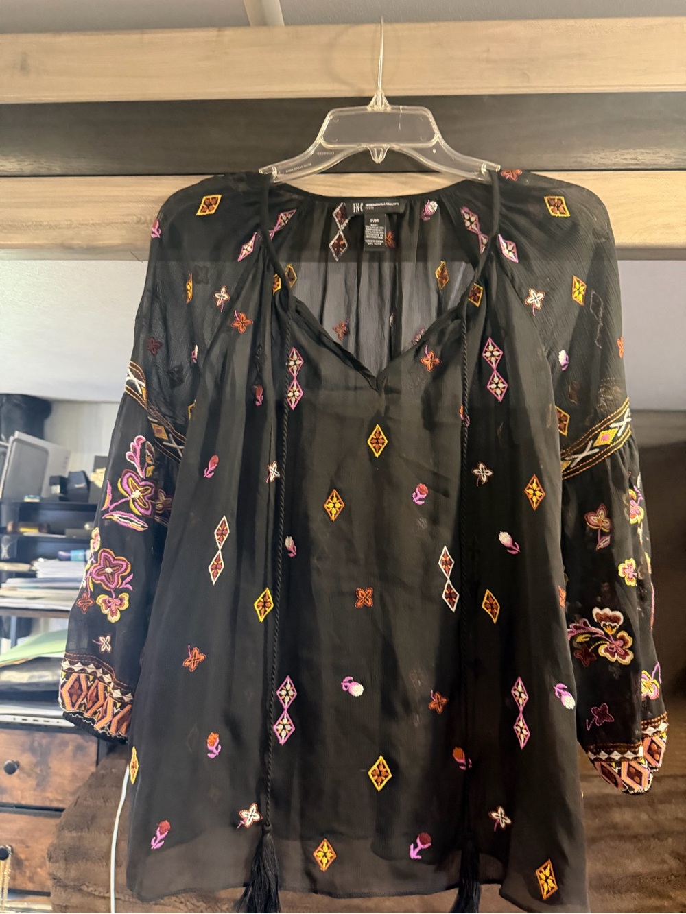 Black Sheer Embroidered Boho Tie-Front Blouse